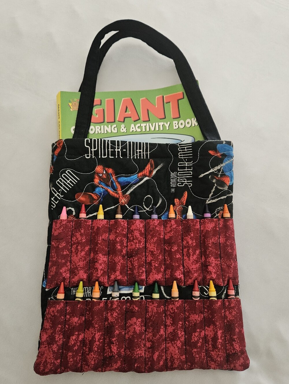 Handmade Spider-Man Quilted Crayon Tote Activity Bag Coloring Book Set